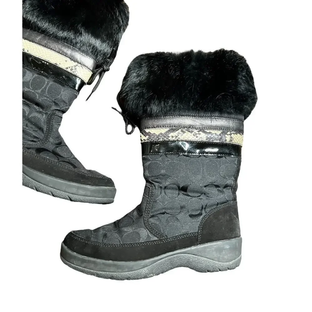 ▶️ Coach ◀️ Lorna Black Monogram Boots With Rabbit Fur Trim Size 7
